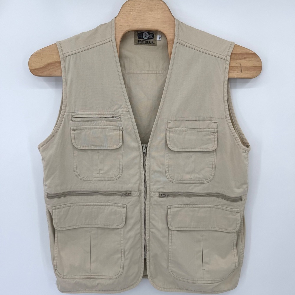 Fantastic Utility Vest Mens XL Tan Multi Pocket Safari Fishing Cotton Canvas
